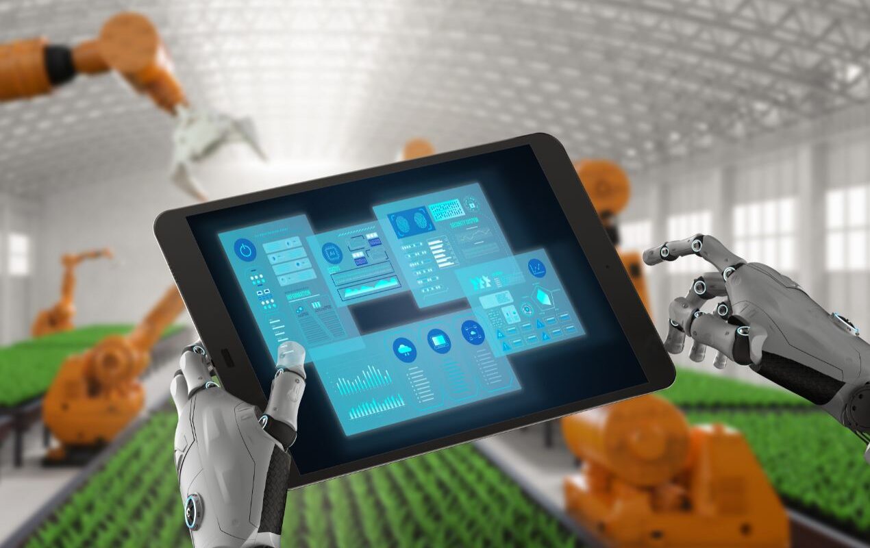 Avenir futuristique de l'industrie agroalimentaire. Robots et ipad pour la gestion